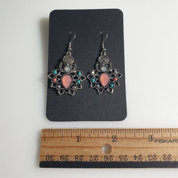 Bohemian Silver Tone Drop Earrings Pink Accents Multicolor Acrylic Bead Gift - Picture 3 of 4